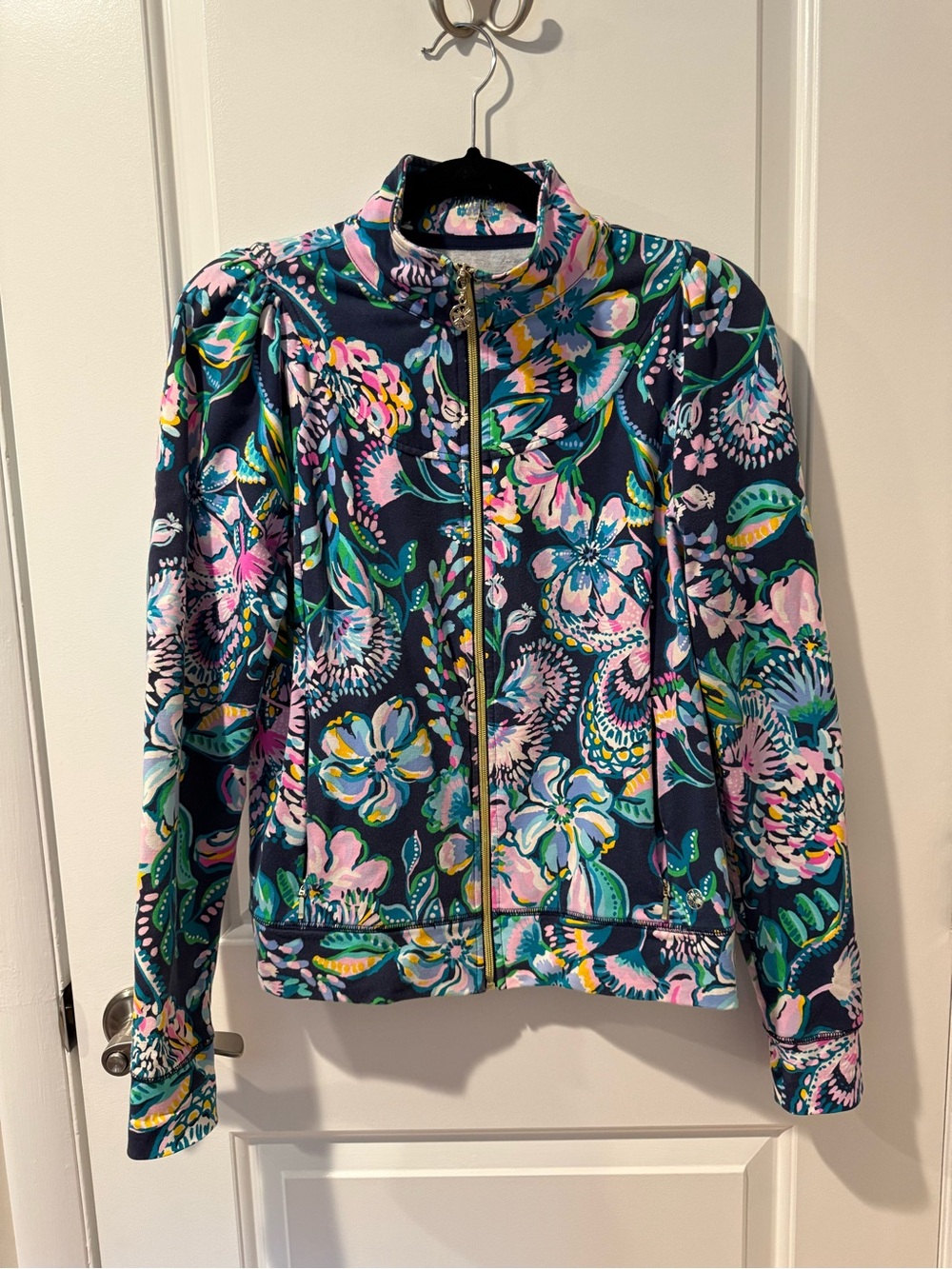 Lilly Pulitzer Navy Floral Zip Bomber Jacket with Pink & Green Accents